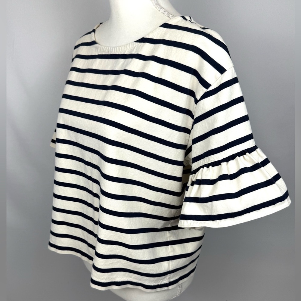J. Crew Ruffle Sleeves Top Black Cream Stripes Short Sleeves Cotton Large French - Picture 6 of 10